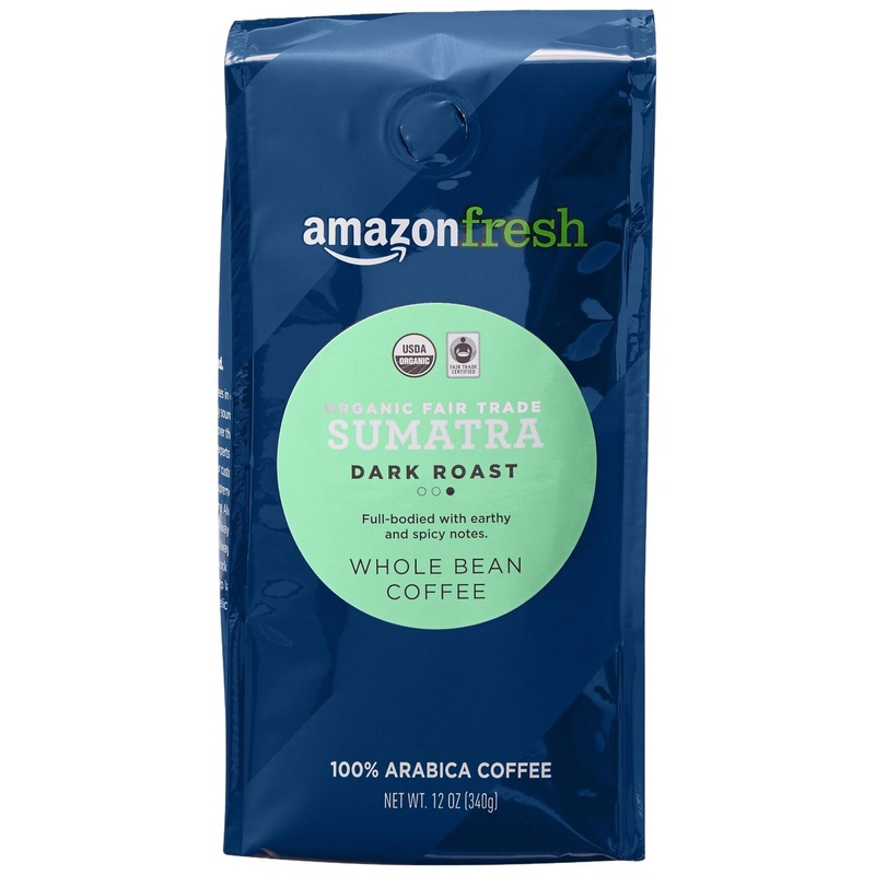 AmazonFresh Organic Fair Trade Sumatra Whole Bean Coffee – Dark Roast 12 oz