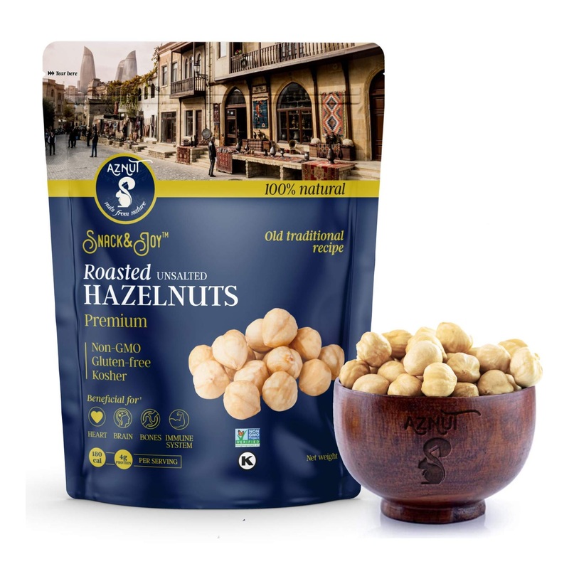 AZNUT Roasted Unsalted Hazelnuts 1 LB – Premium Quality, 100% Natural, Non-GMO Project & Kosher Certified, Gluten Free, Keto Diet Snacks – Resealable Bag