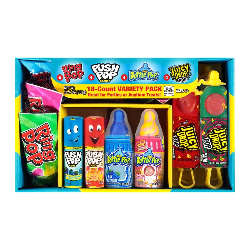 Bazooka Candy Brands Halloween Variety Lollipop Box – 18 Count Assorted Flavors Including Ring Pop, Push Pop, Baby Bottle Pop & Juicy Drop – Perfect Candy Gift for Halloween – 15.8 oz (Pack of 1)
