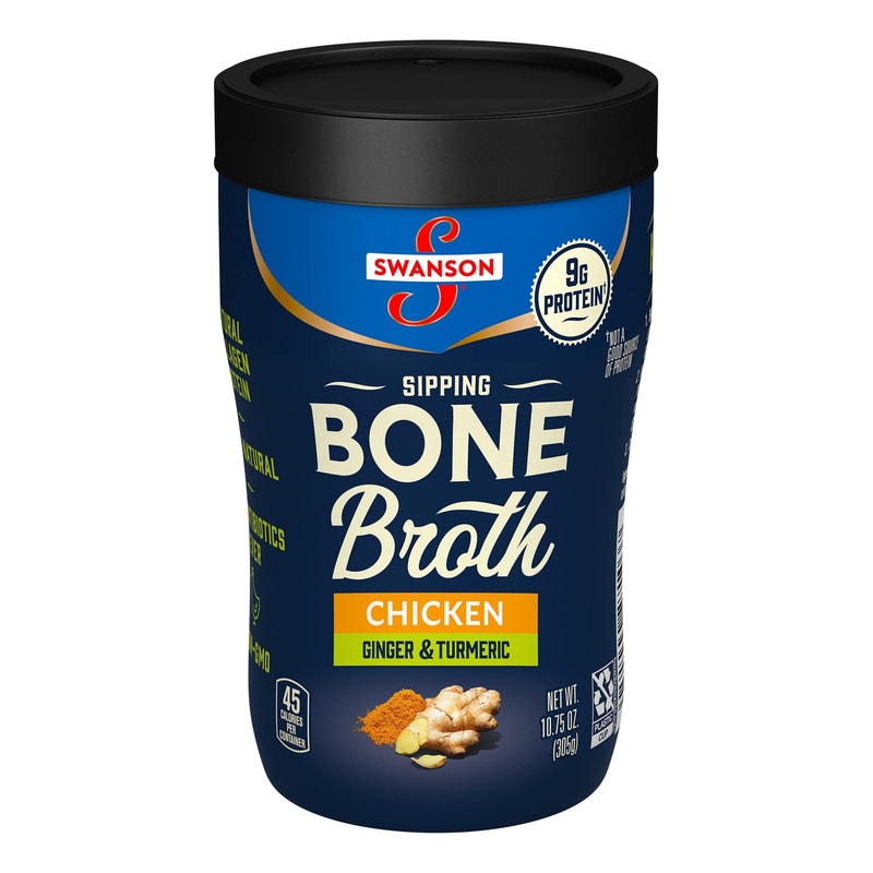 Swanson Sipping Bone Broth Chicken with Ginger & Turmeric 10.75oz Cup (Pack of 8)