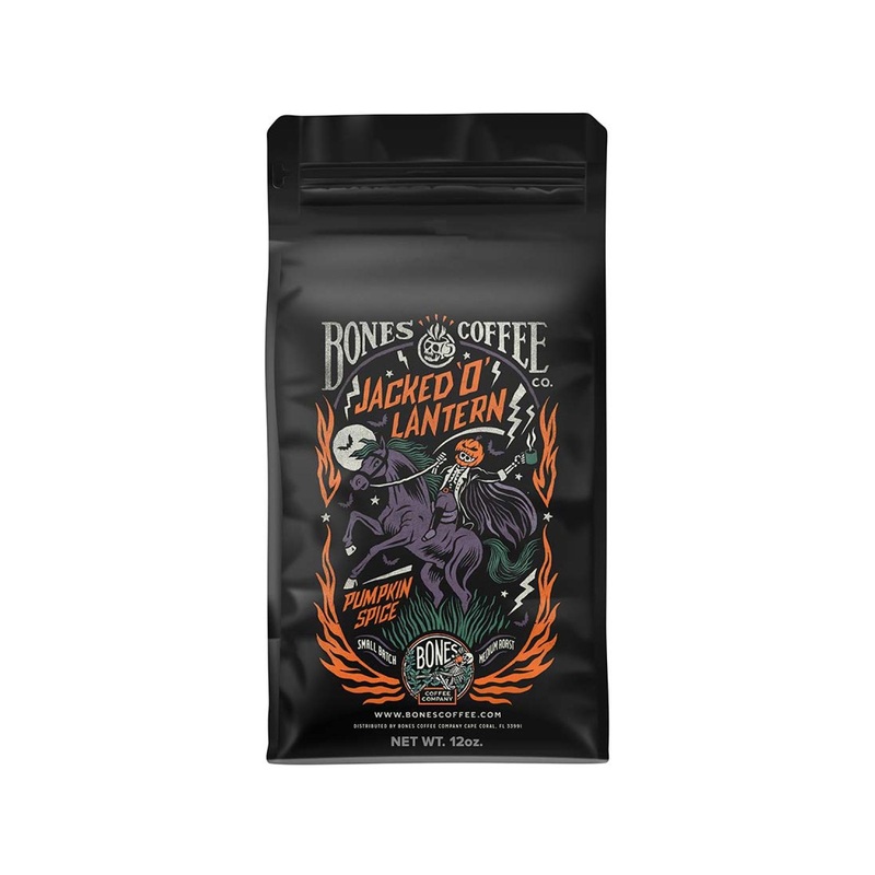 Bones Coffee Company Jacked ‘O’ Lantern Pumpkin Spice Flavored Coffee | 12 oz Ground Low Acid Medium Roast Gourmet Beans