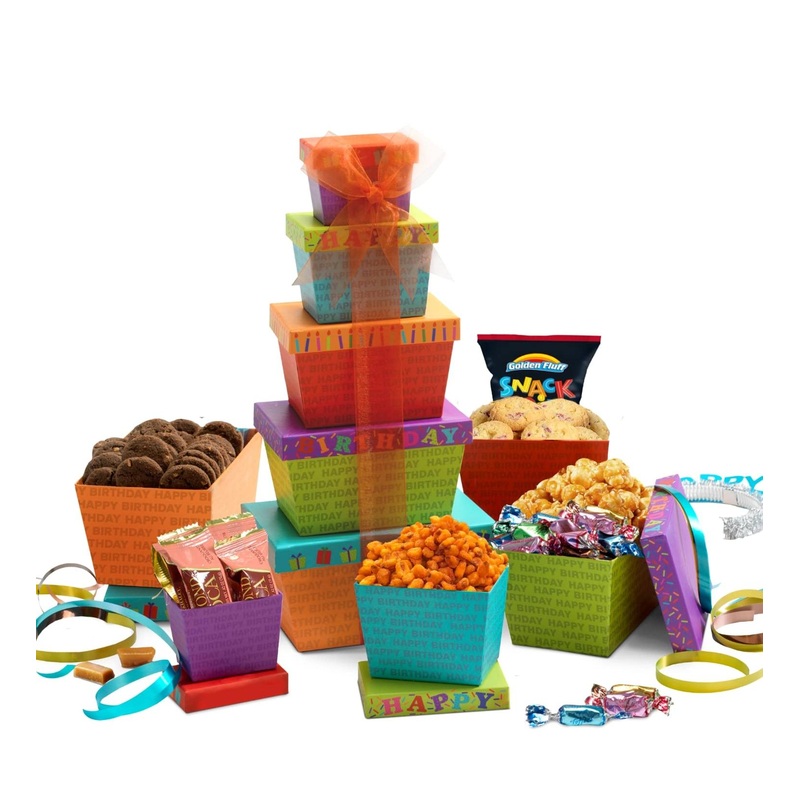 Broadway Basketeers Gourmet Food Gift Basket Tower for Birthdays – Curated Snack Box with Sweet and Savory Treats – Perfect Birthday Presents for Men, Women, Mom, Dad, and Families