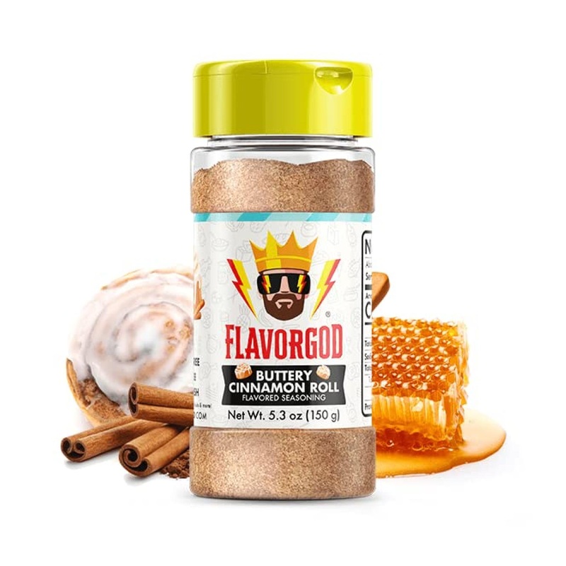 Flavor God Buttery Cinnamon Roll Topper Mix – All Natural Seasoning for Donuts, Pancakes, Fruit, Ice Cream & Coffee – Kosher, Low Sodium, Dairy-Free – 5.3 oz