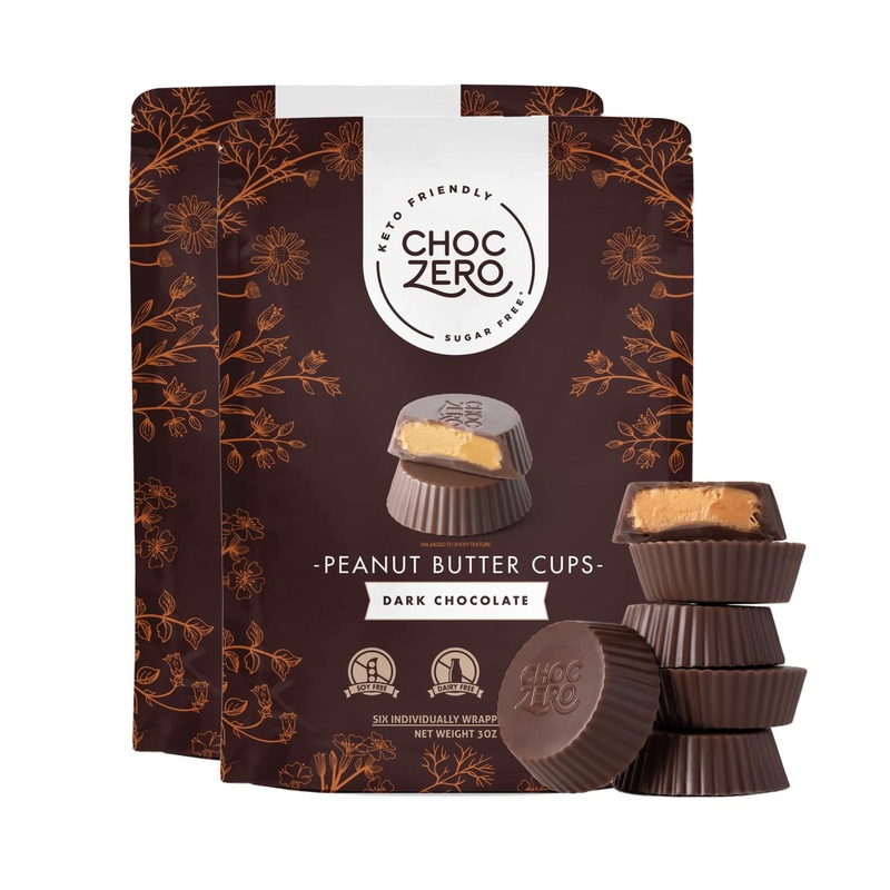 ChocZero Sugar Free Dark Chocolate Peanut Butter Cups – Keto Friendly 2 Pack (2 Bags)