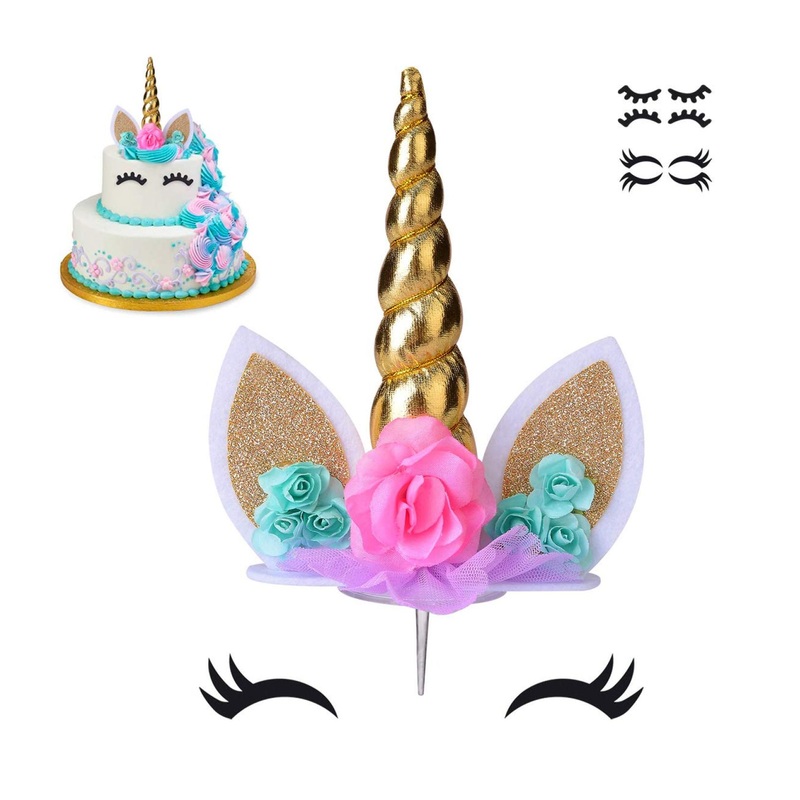 Coonoe Unicorn Cake Topper with Handmade Eyelashes and Reusable Gold Horn – Ideal for Birthday Parties, Baby Showers, and Weddings