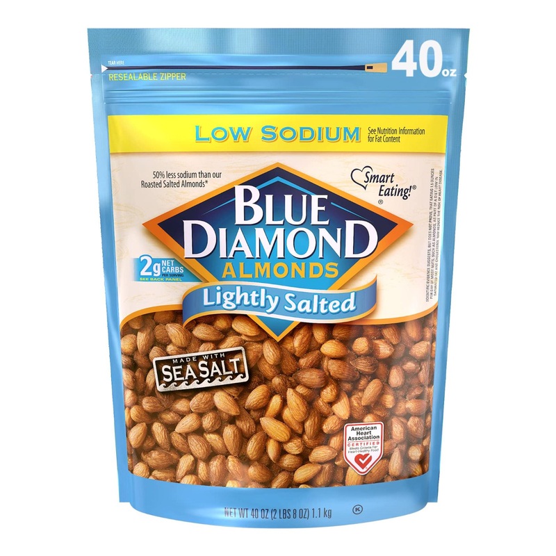 Blue Diamond Almonds Low Sodium Lightly Salted Snack Nuts 40 Oz Resealable Bag – 2.5lb Pack, Healthy & Delicious Option