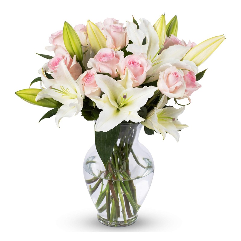 Fresh Pink Roses and White Lilies Bouquet with Vase – Benchmark Bouquets