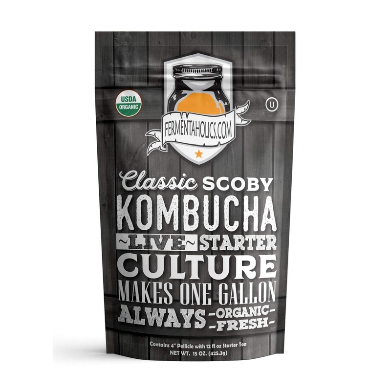 Organic Fermentaholics Kombucha SCOBY with 12oz Starter Tea – Live Culture for 1 Gallon Batch