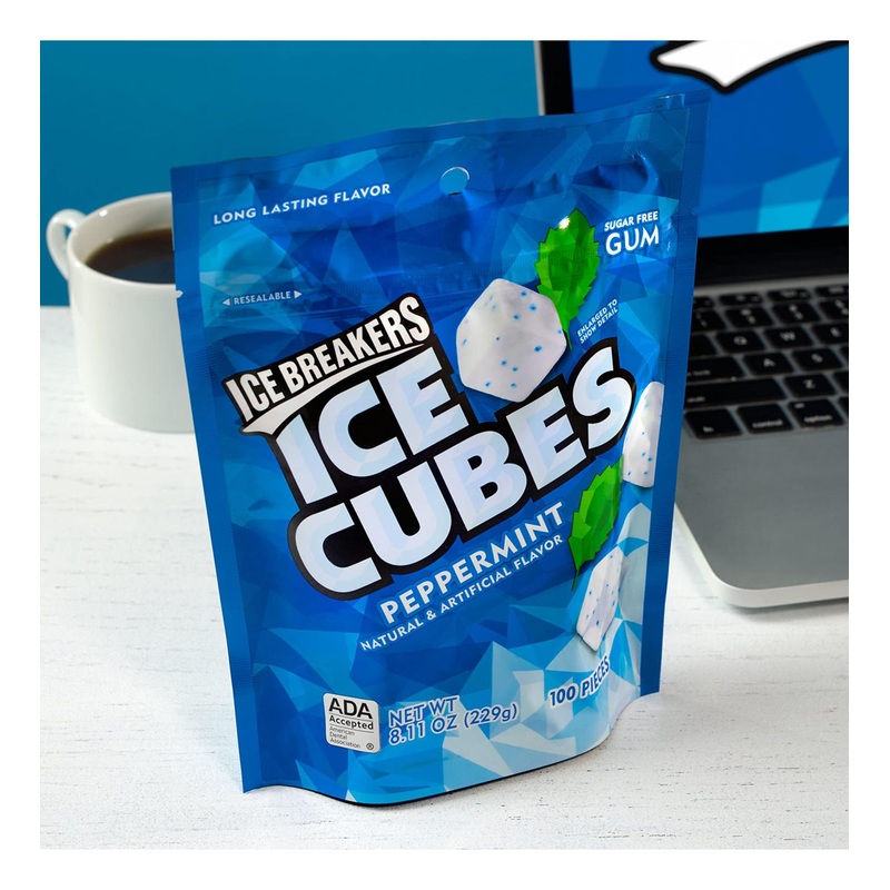 Ice Breakers Ice Cubes Peppermint Xylitol Gum 8.11 oz Pouch – 100 Pieces