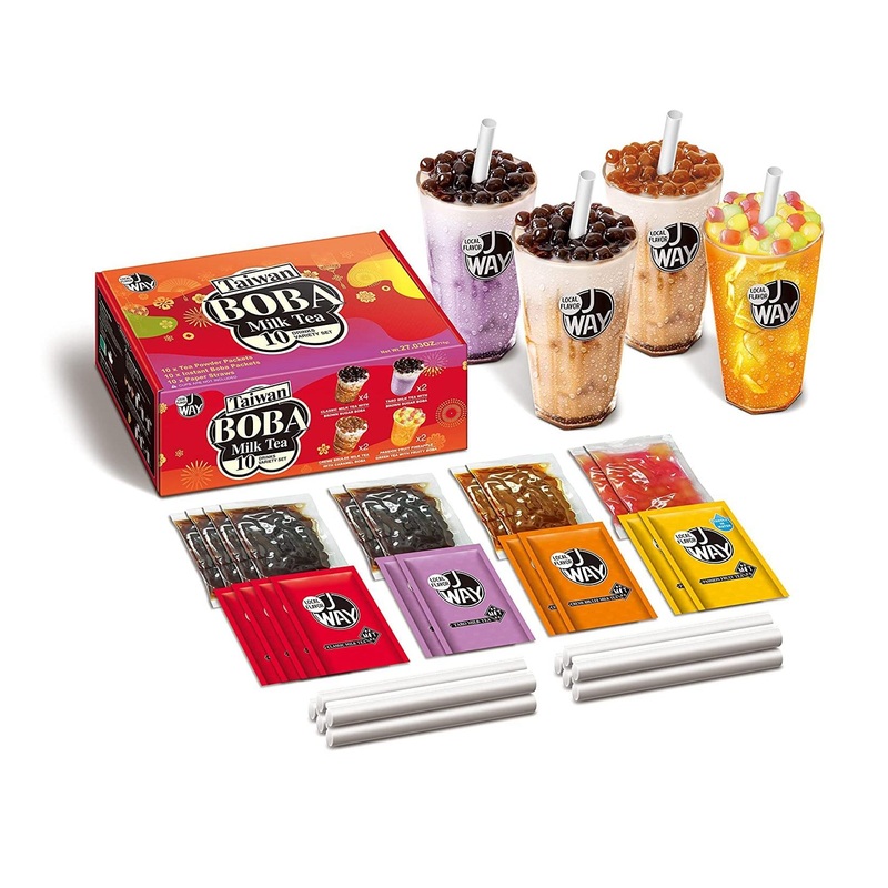J WAY Instant Boba Bubble Pearl Variety Milk Tea Fruity Tea Kit with Authentic Brown Sugar Caramel Fruity Tapioca Boba  Ready in Under One Minute  Paper Straws Included – Gift Box – 10 Servings Variety Milk Tea with Fruity
