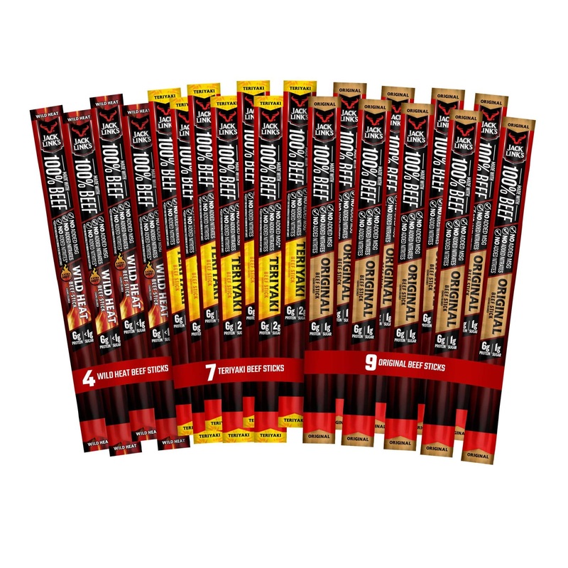 Jack Link’s Beef Sticks Variety Pack – Original, Teriyaki, Wild Heat Flavors – High Protein Snack, No Added MSG – 20 Piece Assortment, 0.92 Oz Each