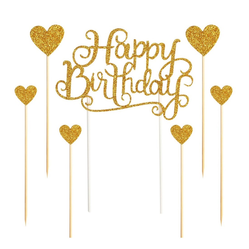Gold Glitter Happy Birthday Cake Toppers Set of 7 – Party Decor & Decorations