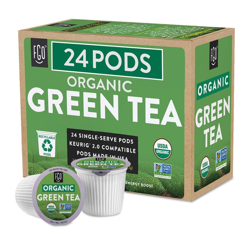 Organic Green Tea K-Cup Pods  24 Pods by FGO – Keurig Compatible – Naturally Occurring Caffeine  Premium Green Tea is USDA Organic  Non-GMO  & Recyclable Green Tea 24 Count (Pack of 1)