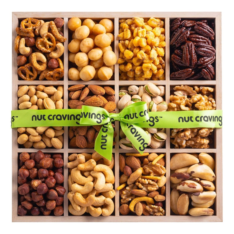 Premium Nuts Gift Basket in Wooden Tray | 12 Assortments | Holiday & Birthday Gourmet Bouquet | Healthy Kosher Snack Box | Men & Women Care Package