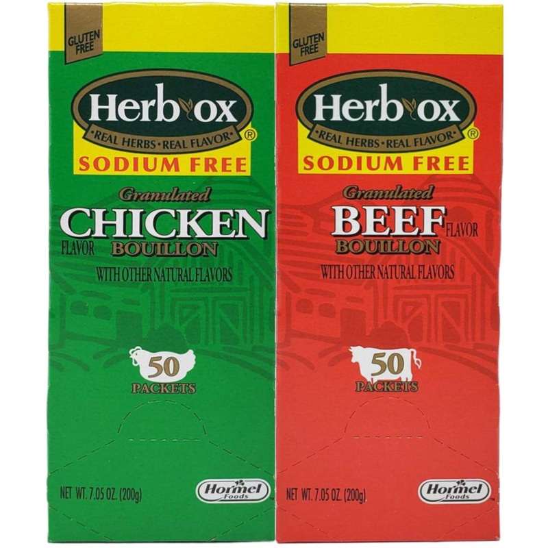 Herb-Ox Sodium Free Bouillon Bundle Beef and Chicken  100 Total Packets 50 Count (Pack of 2)