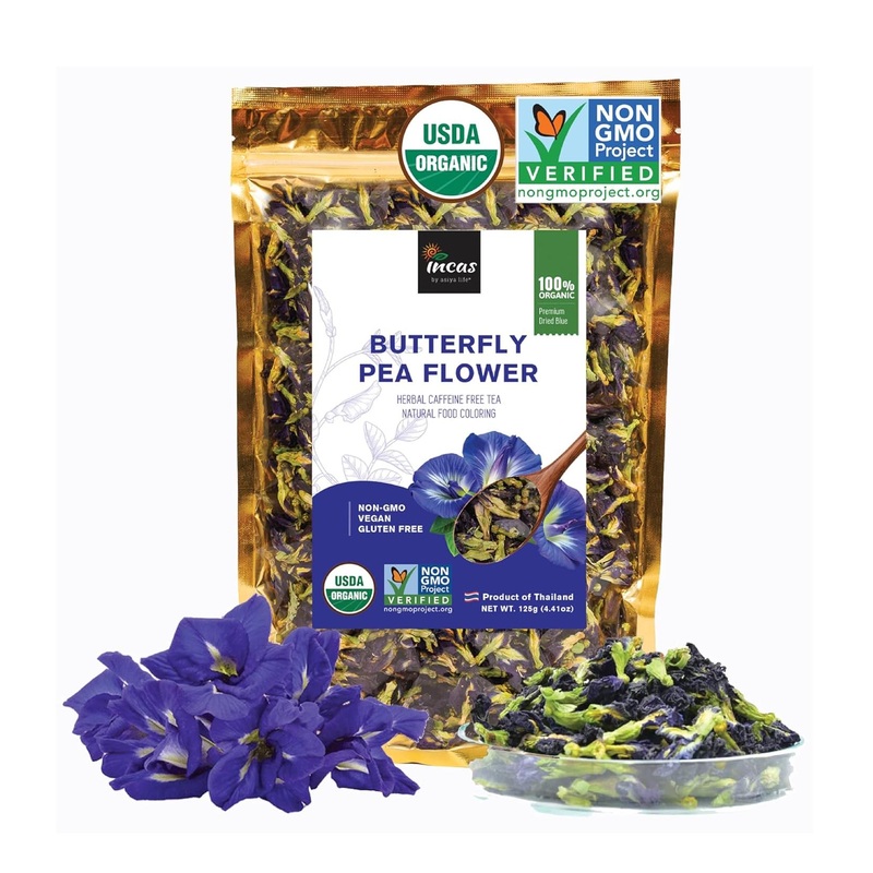Organic Butterfly Pea Flowers 4.41 oz – Non GMO Verified, Gluten Free, Vegan – Rich in Antioxidants – Free eBook Included – From Thailand – Incas