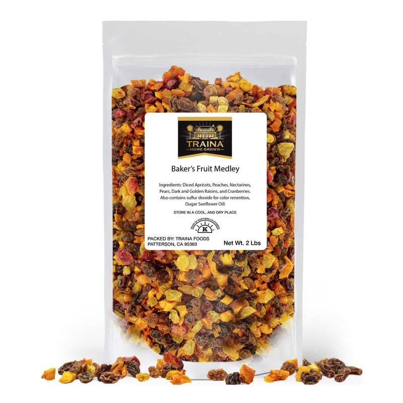 Traina Home Grown Sun Dried Bakers Fruit Medley (2 lbs) – Diced Peaches, Cranberries, Apricots, Pears, Nectarines, Raisins – Non GMO, Gluten Free – Resealable Pouch