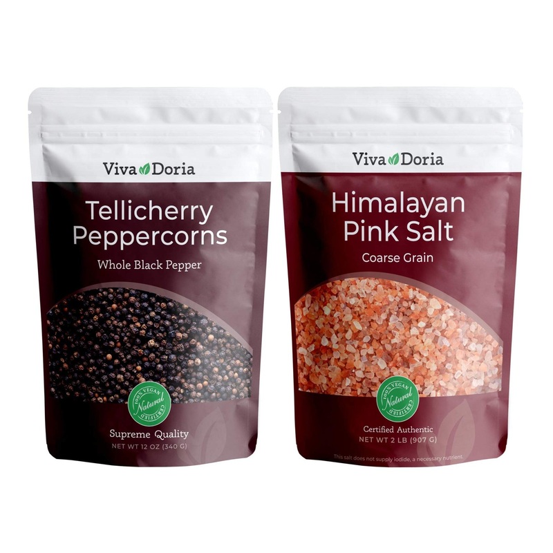 Viva Doria Tellicherry Peppercorn 12 oz & Himalayan Pink Salt 2 lb Bundle – Grinder Refills | Steam Sterilized Black Pepper & Coarse Pink Salt