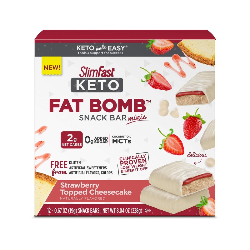 SlimFast Keto Fat Bomb Snack Bar Minis – Strawberry Cheesecake Flavor | 12ct Box | Low Carb Keto Snacks for Weight Loss | 0g Added Sugar