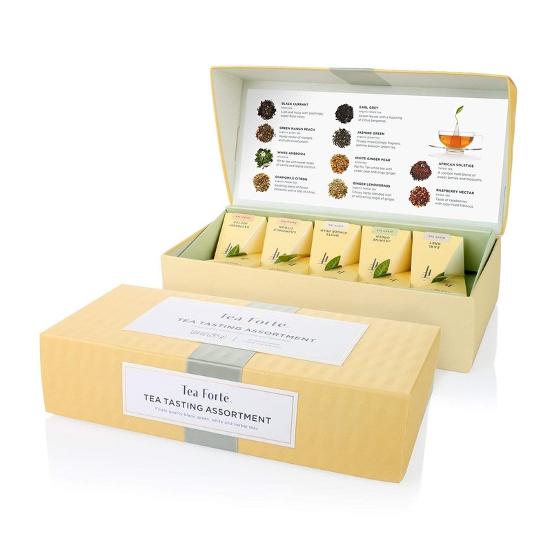 Tea Forte Assorted Classic Teas Petite Presentation Box Sampler Gift Set | 10 Handcrafted Pyramid Tea Infusers – Herbal, Black, Green, White