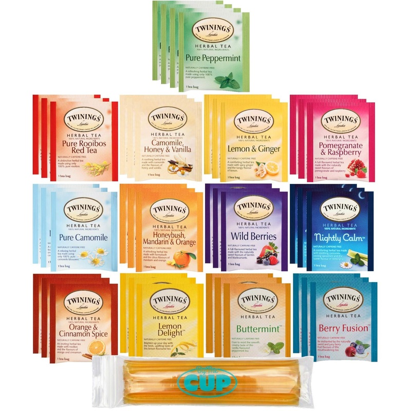 Twinings Herbal Tea Bags – 40 Individually Wrapped Tea Bags Variety Pack with 12 Flavors – Including Pure Peppermint, Camomile, Rooibos, Red Honeybush, Mandarin Orange – with BYTC Honey Sticks