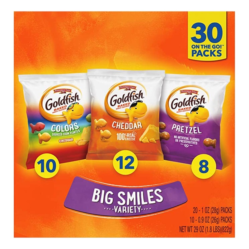Pepperidge Farm Goldfish Crackers Big Smiles with Cheddar Colors and Pretzel Crackers Snack Packs 30 Count Variety Pack Box