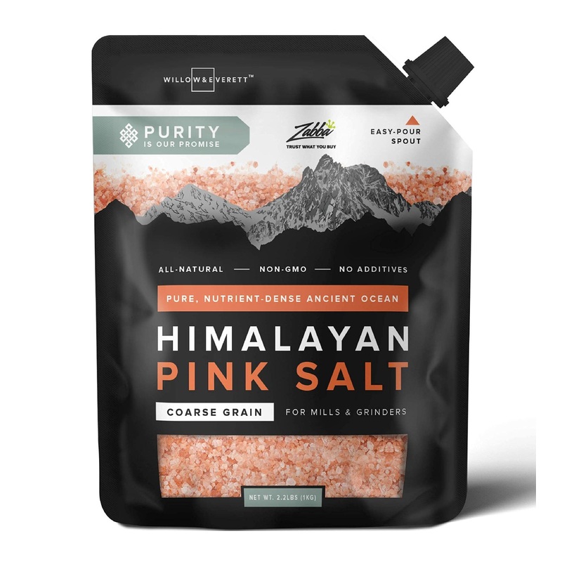 Willow Everett Himalayan Pink Salt Coarse 2.2lb Refill with Easy Pour Spout – Non-GMO Kosher Rock Salt for Cooking – 2.2 Pound Grinder Salt Pack