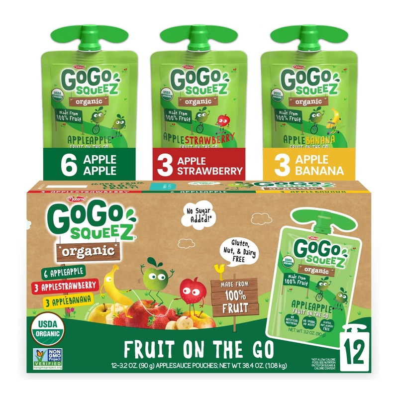 GoGo squeeZ Organic Fruit Variety Pack – Apple  Banana  Strawberry (12 Pouches) | Gluten-Free  Vegan Snacks
