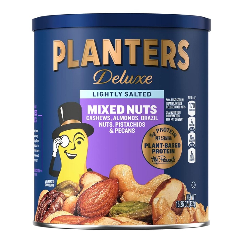 PLANTERS Deluxe Lightly Salted Mixed Nuts – 15.25 oz Resealable Container | Reduced Sodium, Vegan, Kosher Snacks